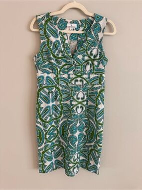 Jude Connally Paisley Print Shift Dress Blue Green Sleeveless Stretch Small